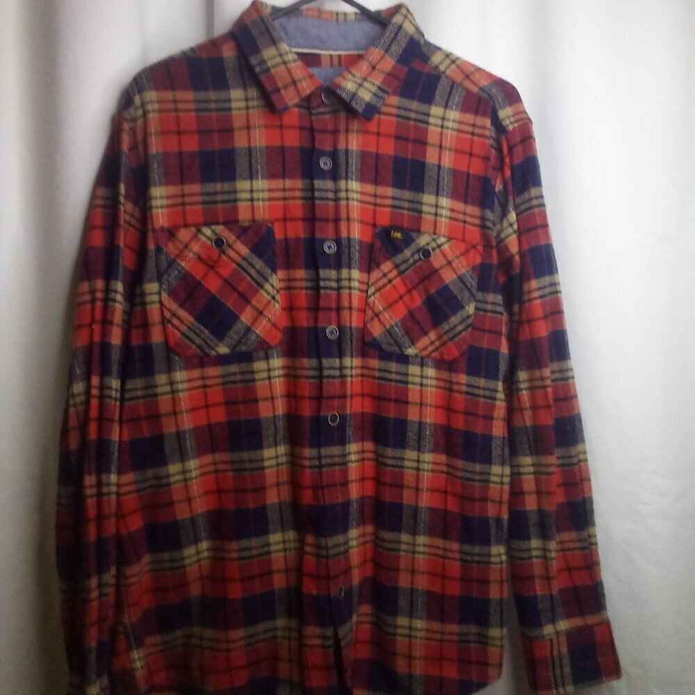Lee Button Up Shirt L Men Long Sleeve Pockets Flannel Plaid Red Blue